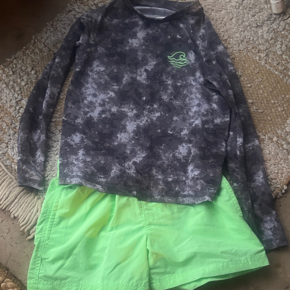 Green Swim Shorts and Black and Gray Long Sleeve Swim Shirt